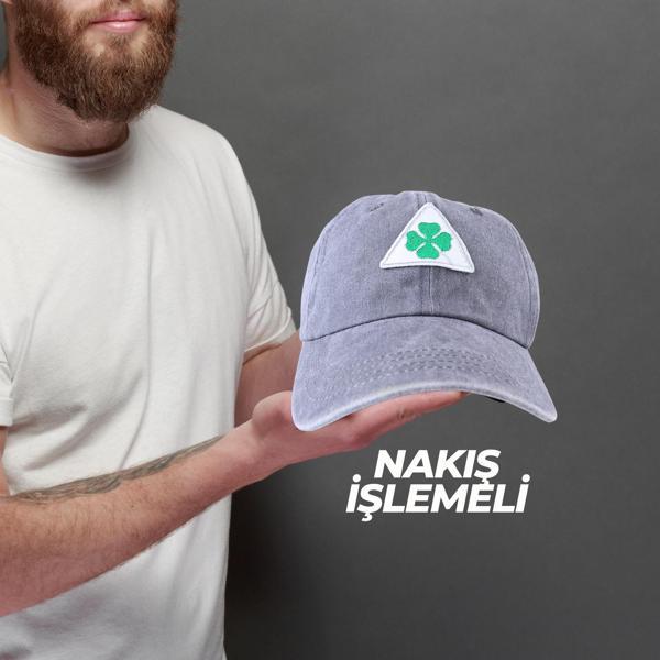 Perlotus Vintage Yıkamalı Pamuk Şapka Dört Yapraklı Yonca Nakışlı Gri - Image 1