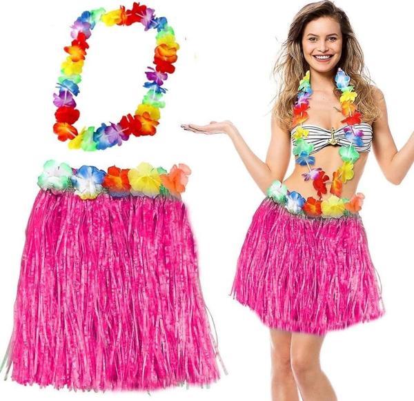 Nessiworld Hawaii Luau Aloha Pembe Püsküllü 40 cm Etek ve Hawaii Kolye Seti - Image 1