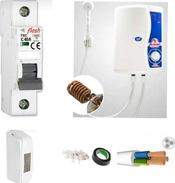 Bakır Rezistanslı Elektrikli Şofben Artemis 6mt Kablolu Tam Takım Orijinal Set - Image 1