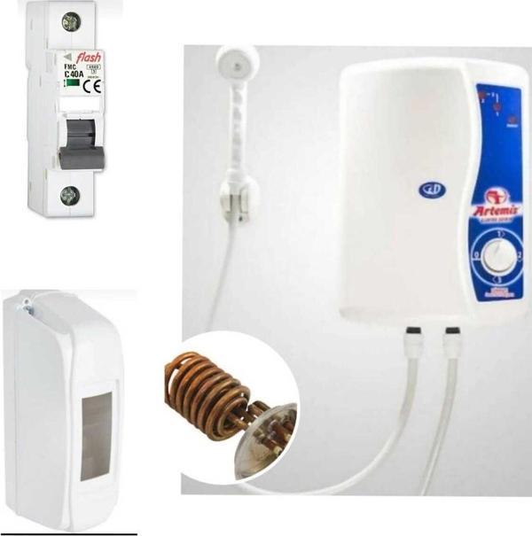 Bakır Rezistanslı Elektrikli Şofben Artemis Sigorta Ve Kutus Dahil Paket - Image 1