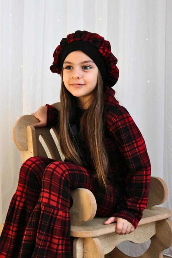 Kız Çocuk Kırmızı Lizbon Jakarlı Ekose Ceket Pantolon Kep Alt Üst Yılbaşı Takım - Image 1