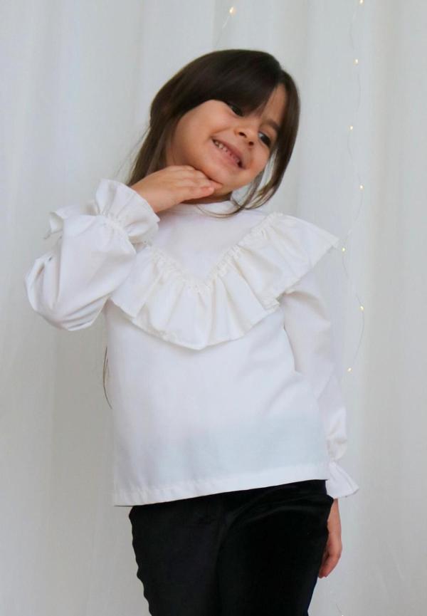 Kız Çocuk Ekru V Fırfırlı Uzun Kollu Bluz Gömlek Body  - Image 1
