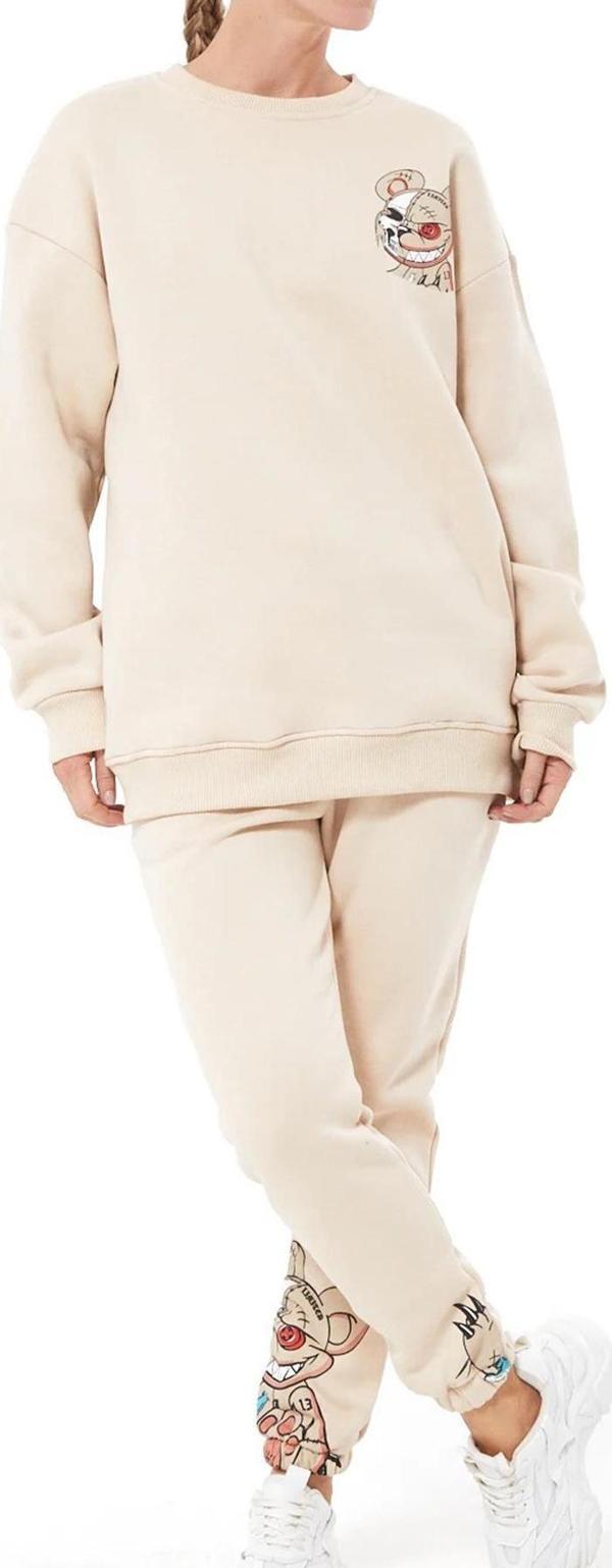 Go Veform Baskılı Oversize Üç İplik Kadın Eşofman Takımı Bej ZN5004 - Image 1