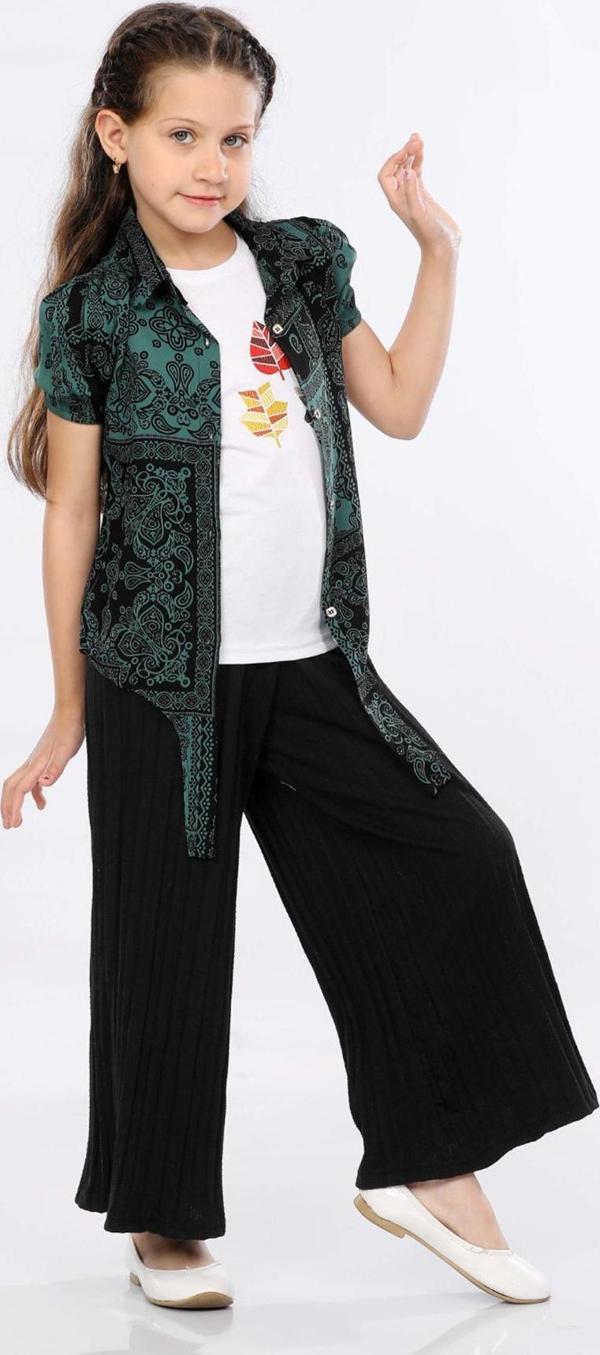 Mornio Kız Çocuk 3'lü Takım Bağlamalı Gömlek-T-shirt ve Geniş Paça Pantolon MRN2422 - Image 1