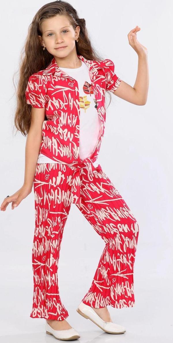 Mornio Kız Çocuk 3'lü Takım Bağlamalı Gömlek-T-shirt ve Geniş Paça Pantolon MRN2421 - Image 1