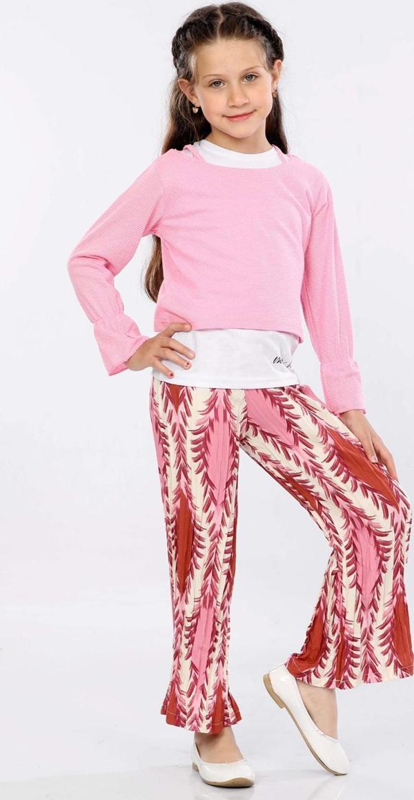 Mornio Kız Çocuk 3'lü Takım Fırfırlı Kol Sweatshirt,T-shirt ve Geniş Paça Pantolon MRN2427 - Image 1