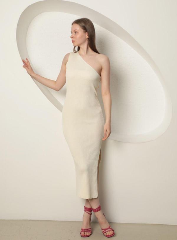 Kayık Yaka Tek Omuz, İnce Triko Kadın Yırtmaçlı Boydan Elbise KKTS3006 - Image 1