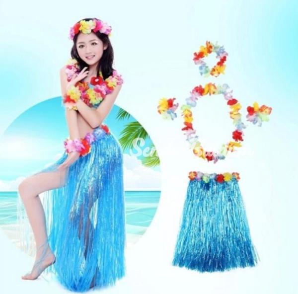 Luau Aloha Hawaii Partisi  Etek Taç Ve Bileklik Seti Mavi - Image 1