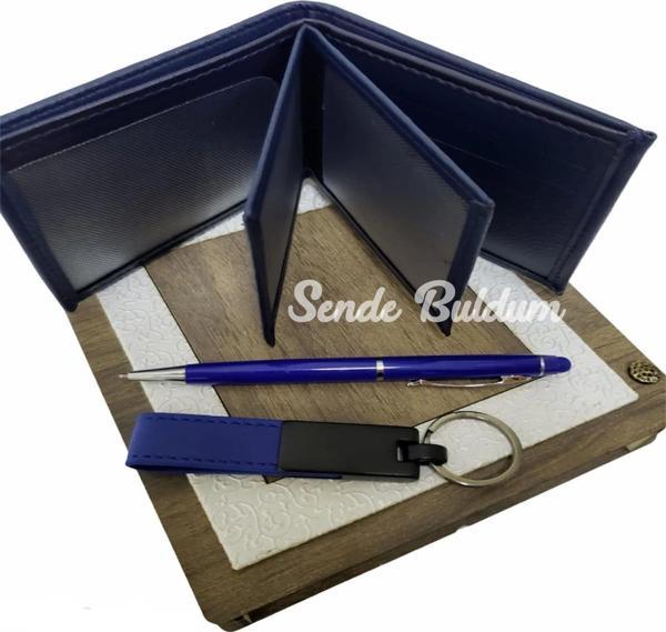 Mavi Cüzdan Kalem Ve Deri Mavi Anahtarlık Set - Image 1