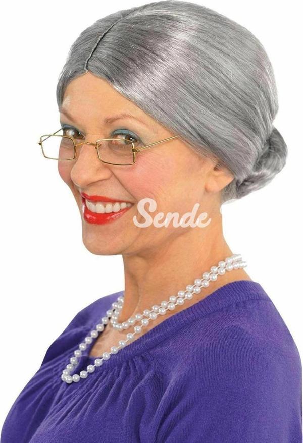 Gri Renk Yaşlı Peruğu Takma Saç Büyükanne Peruğu Yetişkin Çocuk Uyumlu - Image 1