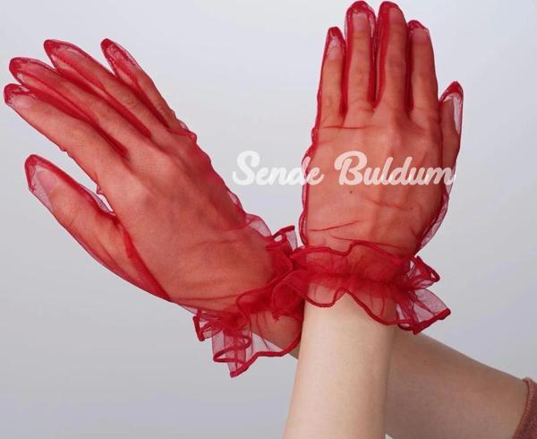 Kısa Boy Likralı Güpürlü Yetişkin Tül Eldiven Kırmızı Renk - Image 1
