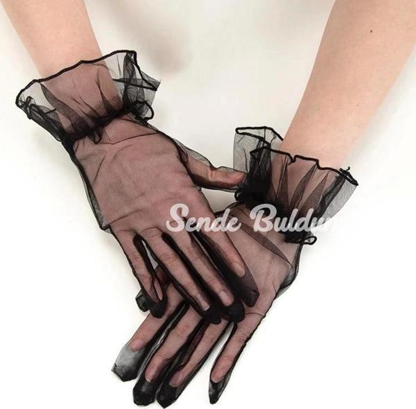 Kısa Boy Likralı Güpürlü Yetişkin Tül Eldiven Siyah Renk - Image 1