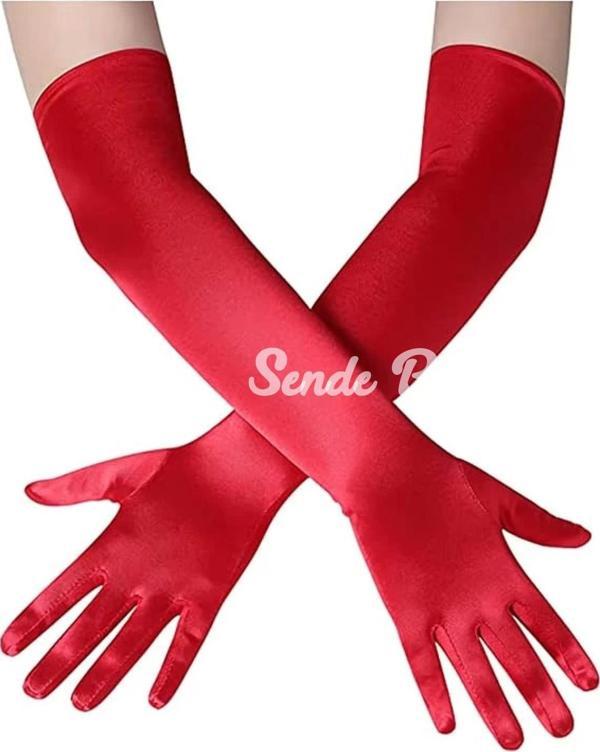 Uzun Boy Ekstra Parlak Saten Eldiven Kırmızı Renk - Image 1