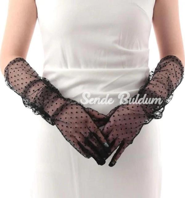 Uzun Boy Siyah Puantiyeli Siyah Renk Yetişkin Tül Eldiven 55 Cm - Image 1