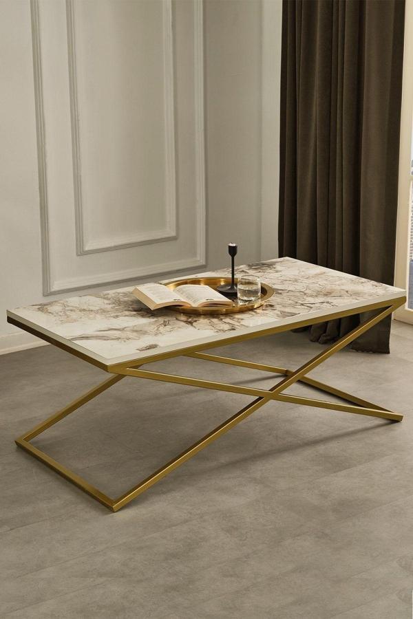 Sawoli Home Royal Gold Metal Ayak Mermer Desen Orta Sehpa - Image 1
