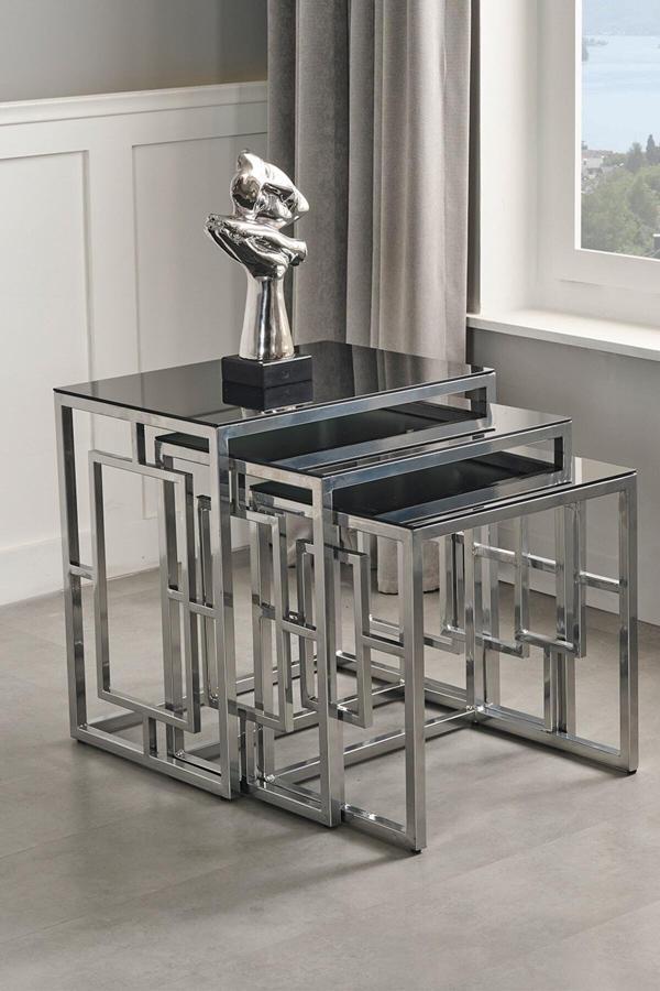 Sawoli Home Nova Gümüş Metal Ayak Füme Aynalı Zigon Sehpa - Image 1