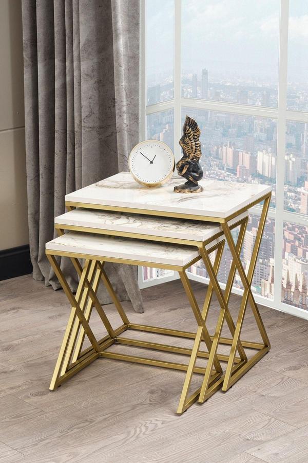 Sawoli Home Royal Gold Metal Ayak Krem Mermer Desen Zigon Sehpa - Image 1