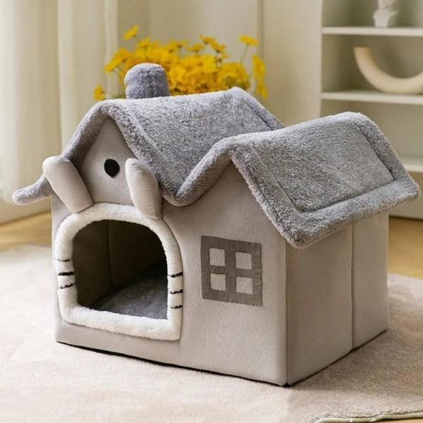 TİNEKE Kedi Evi Yumuşak Kedi Yatağı Derin Uyku Ve Kış Evi Çıkarılabilir Minder -villa ( Gri ) M BEDEN - Image 1