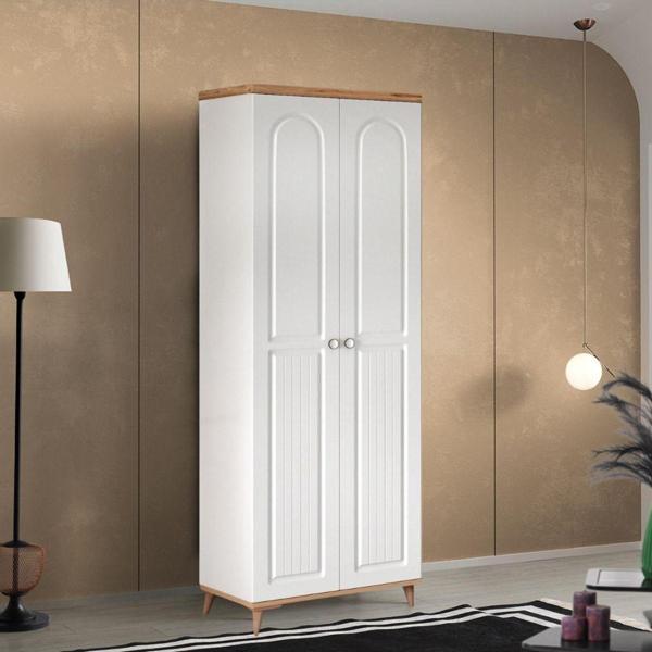 GuneyStore Ücretsiz Montaj - %100 MDF Bohem 2 Kapaklı Atlantik Çam Beyaz Gardırop - MDF Dolap - Elbise Dolabı - Image 1