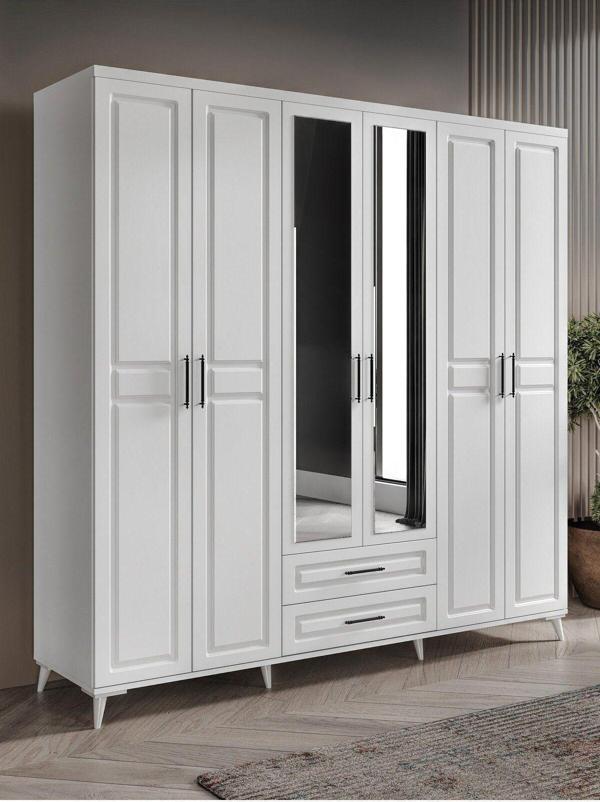 GuneyStore Ücretsiz Montaj - %100 MDF Gözde 6 Kapaklı Aynalı Beyaz Gardırop - MDF Dolap - Elbise Dolabı - Image 1