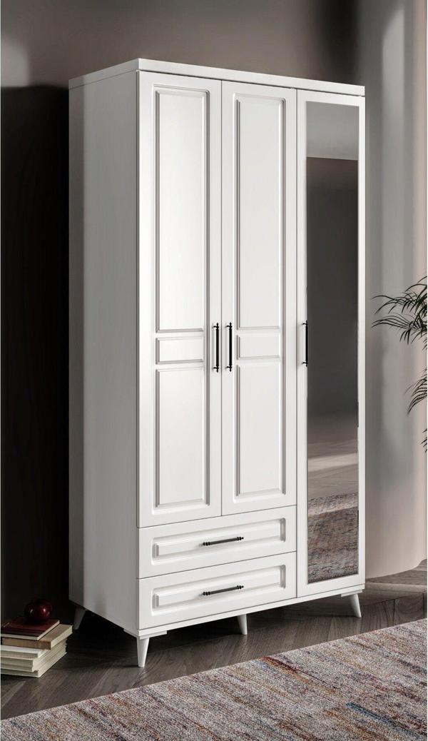 GuneyStore Ücretsiz Montaj - %100 MDF Gözde 3 Kapaklı Beyaz Gardırop - MDF Dolap - Elbise Dolabı - Image 1