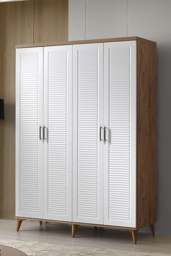 GuneyStore Ücretsiz Montaj - %100 MDF Paris 4 Kapaklı Atlantik Çam Beyaz Gardırop - MDF Dolap - Elbise Dolabı - Image 1