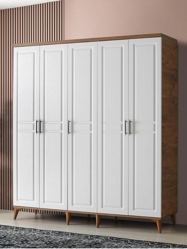 GuneyStore Ücretsiz Montaj - %100 MDF Sport 5 Kapaklı Atlantik Çam Beyaz Gardırop - MDF Dolap - Elbise Dolabı - Image 1