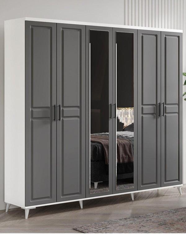 Ücretsiz Montaj Komple Mdf Sport 6 Kapaklı Aynalı Antrasit-beyaz Gardırop Elbise Dolabı - Image 1