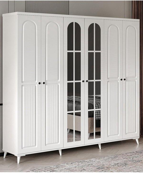 GuneyStore Ücretsiz Montaj - %100 MDF Roma 6 Kapaklı Beyaz  Aynalı Gardırop - MDF Dolap - Elbise Dolabı - Image 1