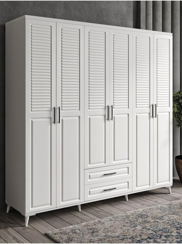 GuneyStore - Sanat 6 Kapaklı Beyaz Gardırop - Komple MDF Çekmeceli Elbise Dolabı - Ücretsiz Montaj - Image 1