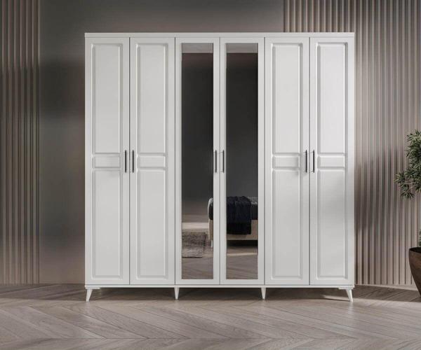 Ücretsiz Montaj Sport 6 Kapaklı Aynalı Komple MDF Beyaz Gardırop Elbise Dolabı - Image 1