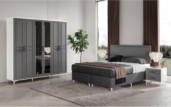 Komple MDF Sport 6 Kapaklı Antrasit-Beyaz Yatak Odası Takımı Baza Dahil - Image 1