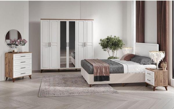 GuneyStore Ücretsiz Montaj  -%100 MDF Sport 6 Kapaklı Atlantik Çam-Beyaz Yatak Odası Takımı (Bazalı) - Image 1