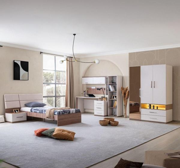 Milano Genç Odası - 3 Kapaklı Aynalı Dolap, Karyola, Komodin, Çalışma Masası, Kitaplık - Image 1