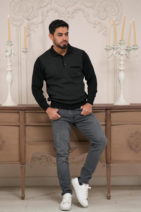 Woolen World Polo Yaka Cepli Armürlü Yünlü Erkek Triko Kazak  - Image 1