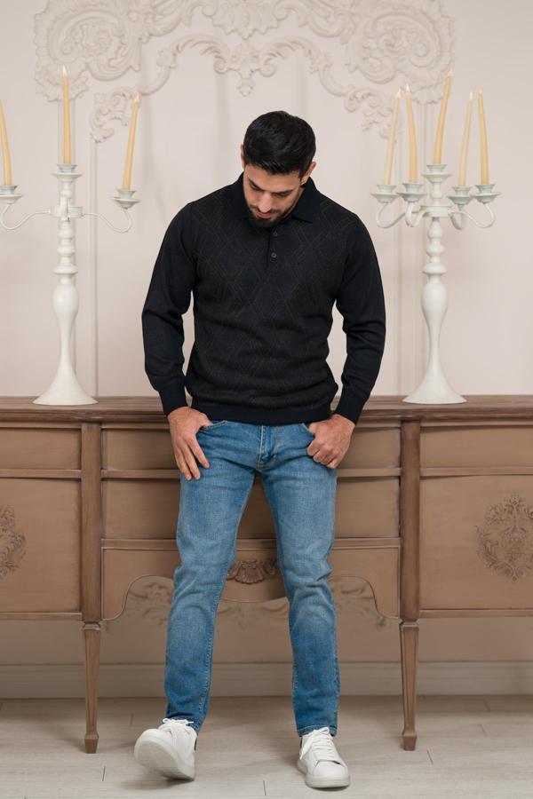 Woolen World Polo Yaka Desenli Yünlü Erkek Triko Kazak  - Image 1