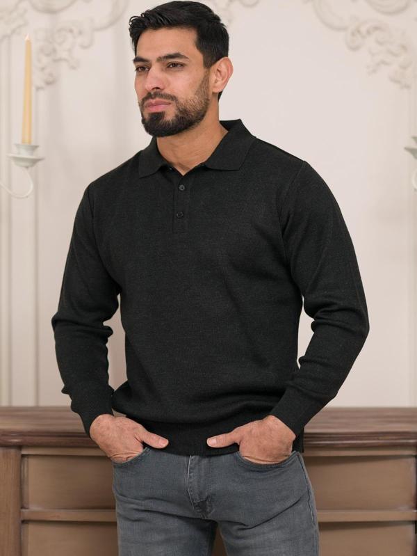 Woolen World Polo Yaka Düz Renk Yünlü Erkek Triko Kazak   - Image 1