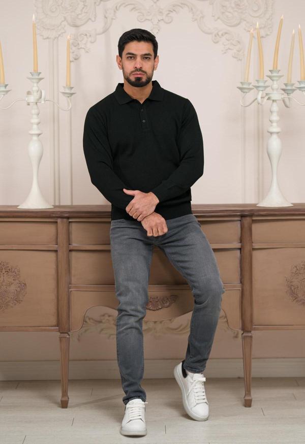 Woolen World Polo Yaka Düz Renk Yünlü Erkek Triko Kazak   - Image 1