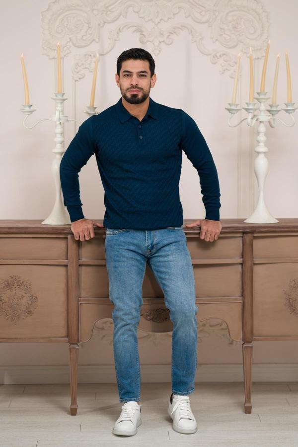 Woolen World Polo Yaka Slimfit Desenli Yünlü Erkek Triko Kazak   - Image 1