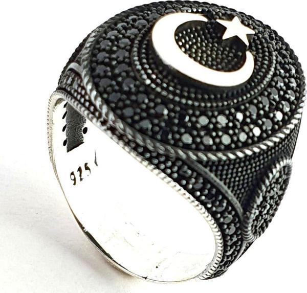 Oniks Taşlı 925 ayar Gümüş Ay yıldız yüzük  - Image 1