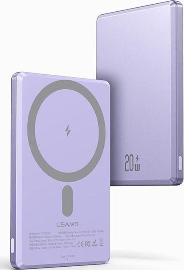 Usams Kablosuz Şarj Mıknatıslı MagSafe Ultra Slim Alüminyum 5000mAh 20W Powerbank CD22002-Mor - Image 1