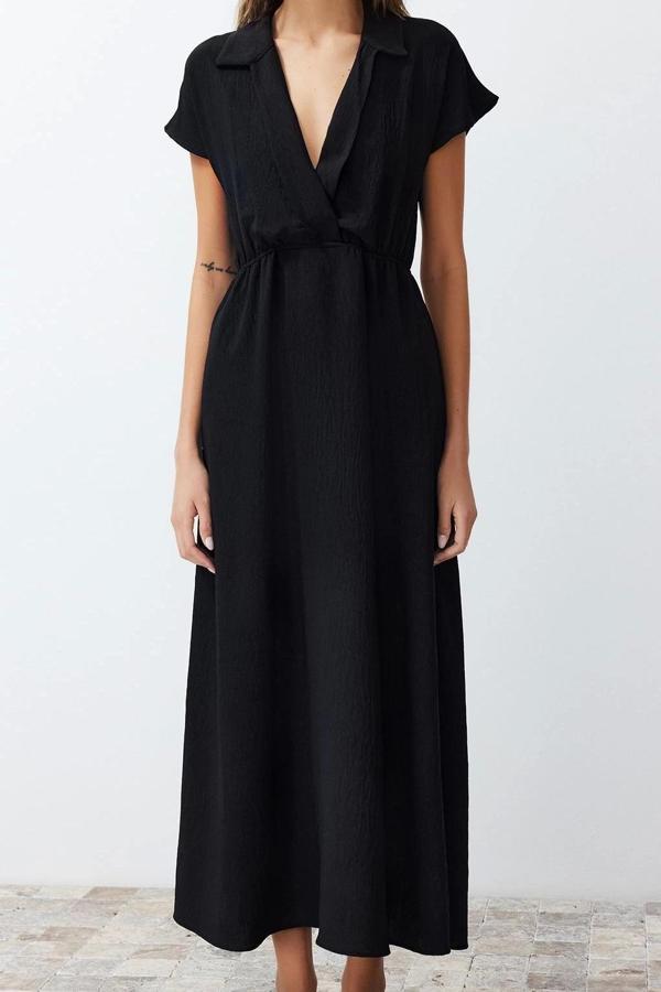 Moda Regular Casual Günlük Aerobin Dokuma Kruvaze Kısa Kol A-Line Midi Boy Elbise - Image 1