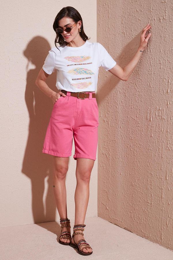 Lela Pamuklu Relaxed Fit Yüksel Bel Kemerli Gabardin Short Bayan Şort 668YP4710 FUŞYA - Image 1