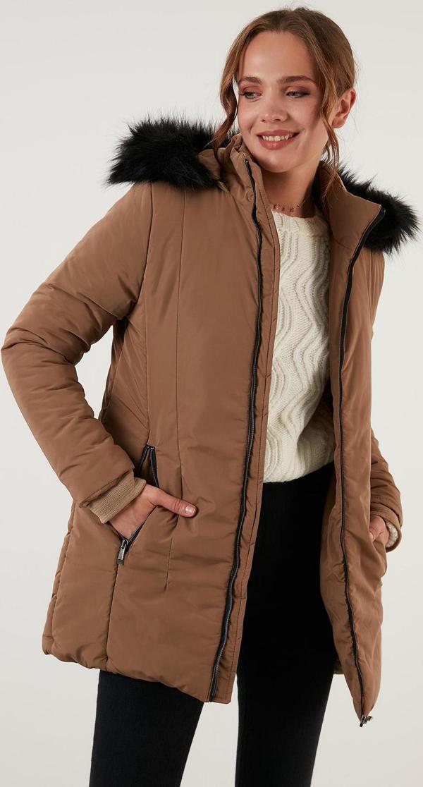 Lela Slim Fit Suni Tüylü Çıkarılabilir Kapüşonlu Bayan Kaban 497DEFNE21 CAMEL - Image 1