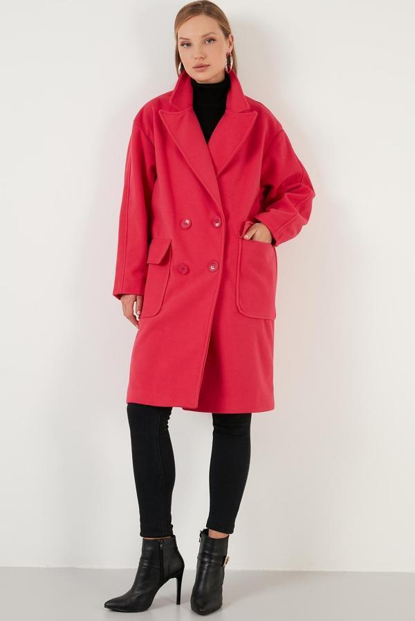 Lela Oversize Çift Düğmeli Kruvaze Yaka Uzun Bayan Kaban 6230043 FUŞYA - Image 1