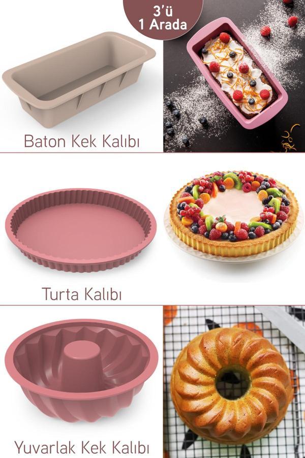 İronika 3 Lü Silikon Kek Kalıbı Seti Oval Yuvarlak Baton Kek Kalıbı Turta Kalıbı Set - Image 1