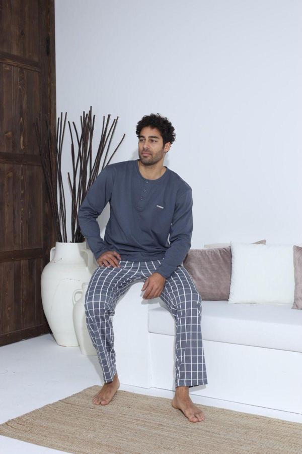 Lukitus Uzun Kollu Düğmeli Ekose Desen Erkek Pijama Takımı - Image 1