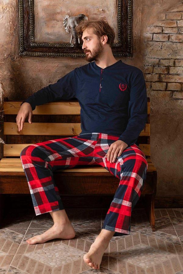 Lukitus Uzun Kollu Düğmeli Erkek Ekose Pijama Takımı  - Image 1