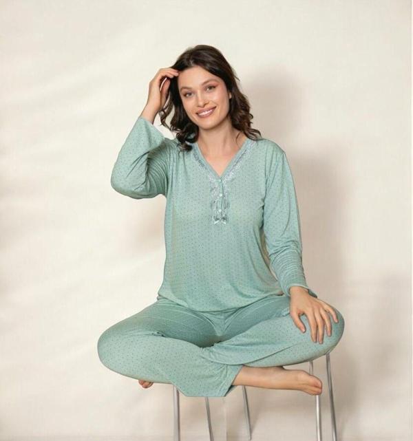 Lukitus Desenli Bambu Pamuk Kadın Pijama Takımı - Image 1