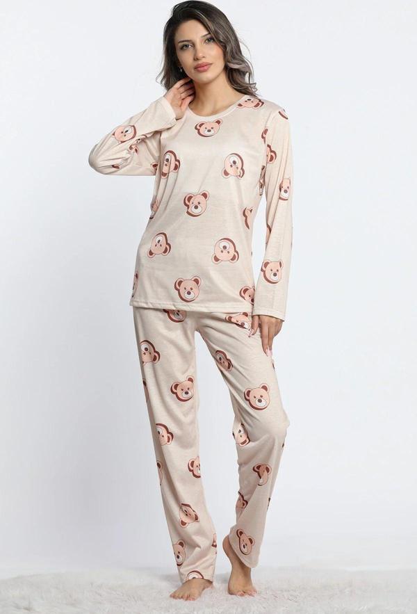 Lukitus Kadın Bisiklet Yaka Uzun Kol Ayıcıklı Pijama Takımı  - Image 1